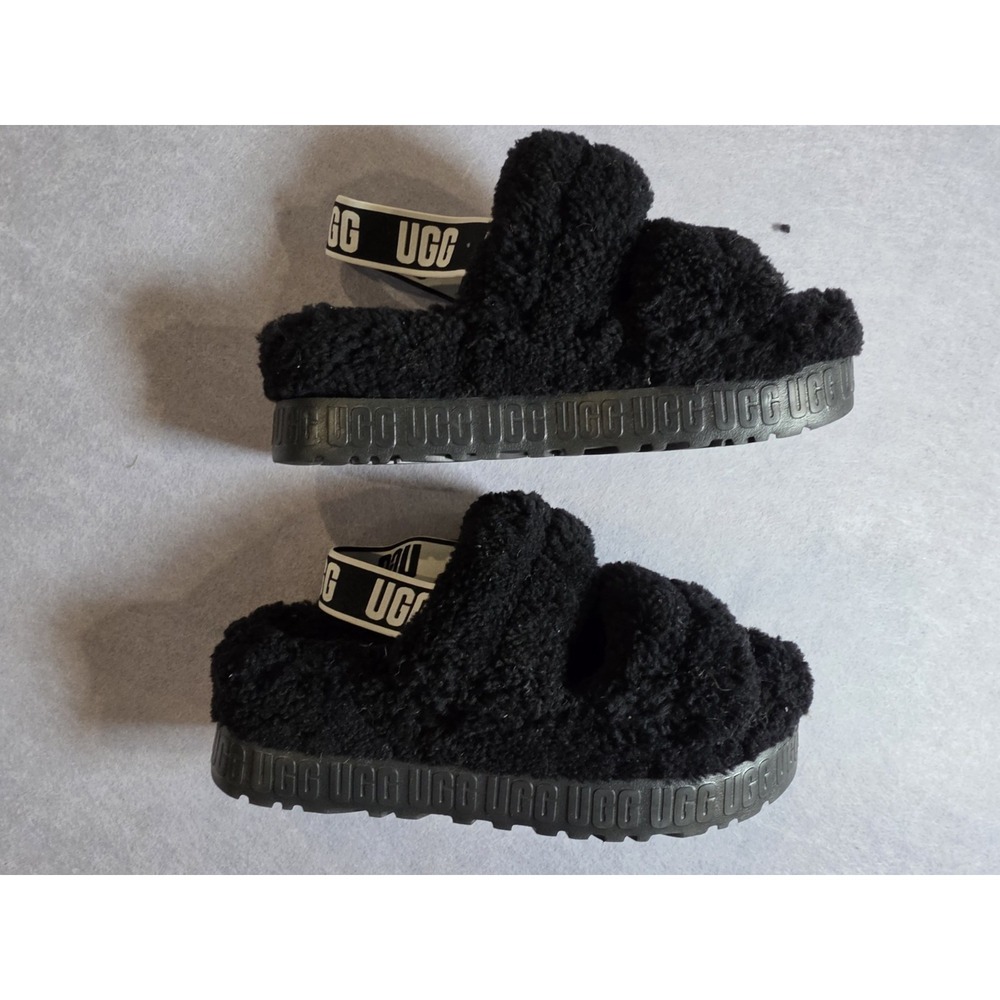 Women Sz 9 Ugg OH FLUFFITTA Shearling Slingback Sandals Black Elastic Band